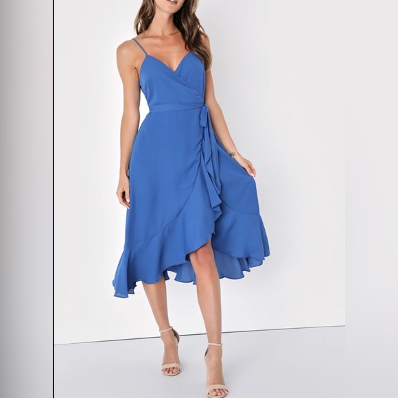 Lulus Dresses & Skirts - Lulus Manhattan Moment Ruffled Midi Wrap Dress Size S Blue Straps Sleeveless nwt